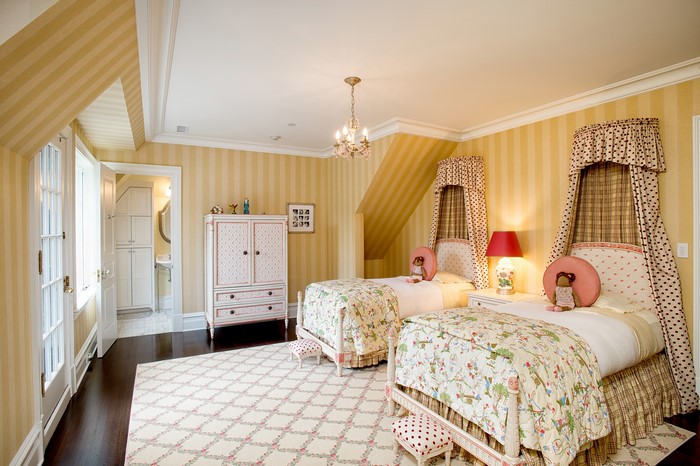Children's bedroom with twin beds and striped wallpaper