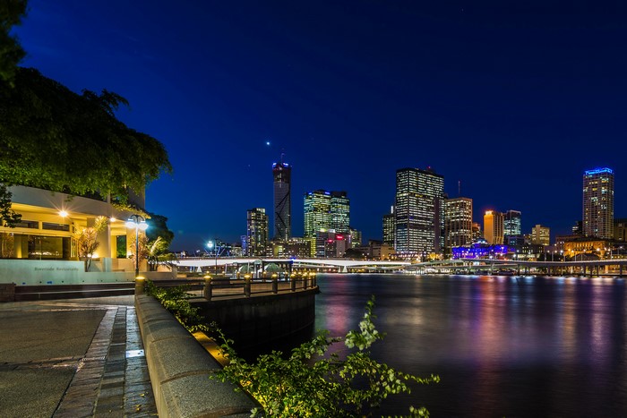 Brisbane skyline at night over the river