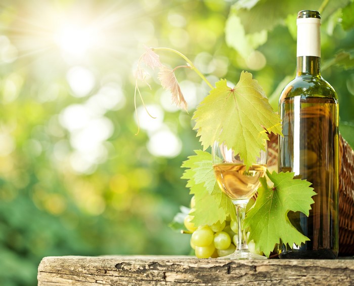 Bottle of white wine with grapes and leaves