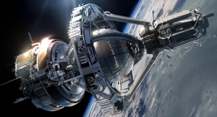 Spaceship in orbit above a planet