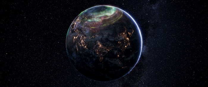 4K Planet with Aurora and City Lights