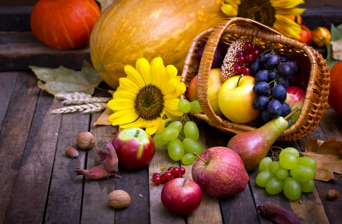 Autumn still-life with fruits and pumpkins