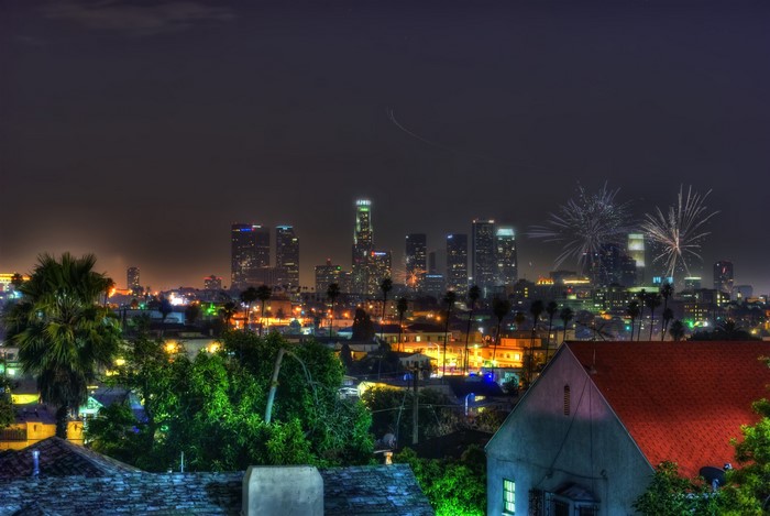 Los Angeles skyline at night with fireworks