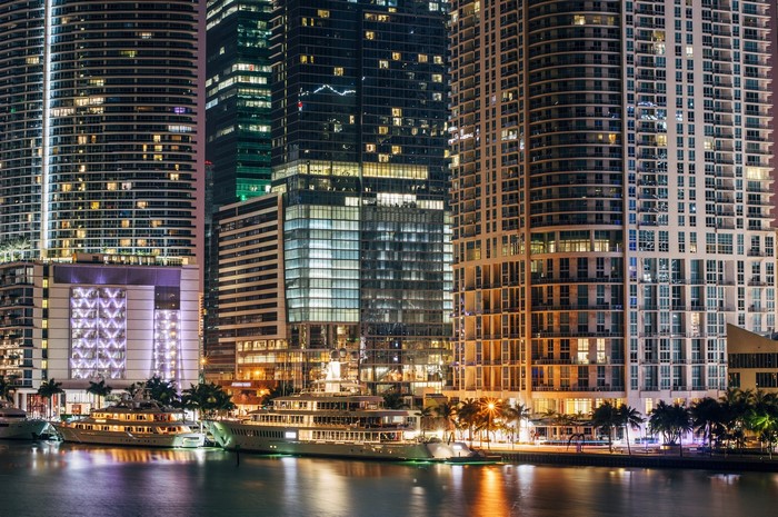 Miami Skyscrapers and Yachts at Night