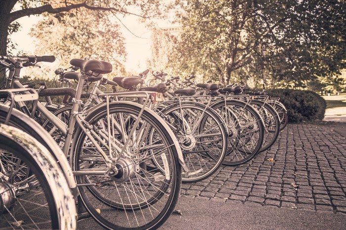Many bicycles parked in a row
