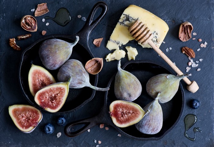 Figs, Cheese, Honey, and Nuts on Slate