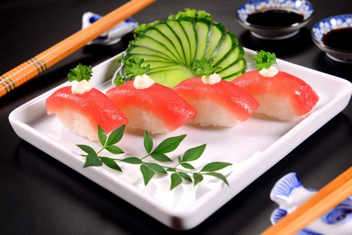 Tuna Sushi with Cucumber Garnish