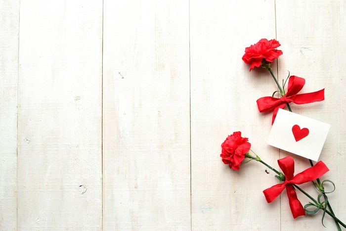 Red Carnations with Heart Card and Red Bows