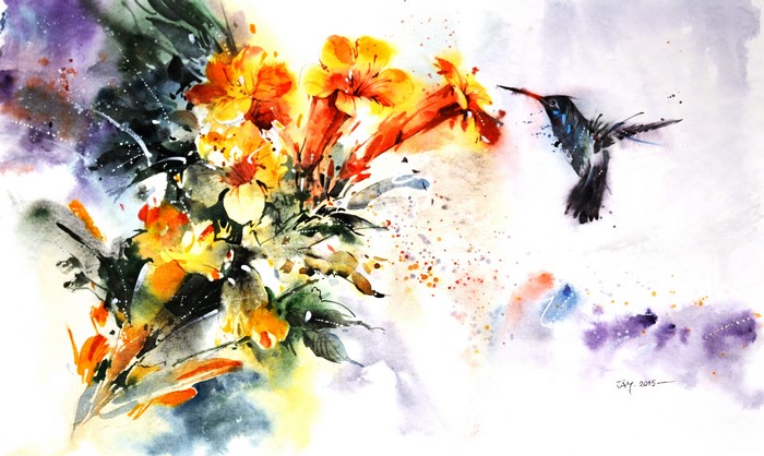 Hummingbird and Orange Flowers Watercolor Painting