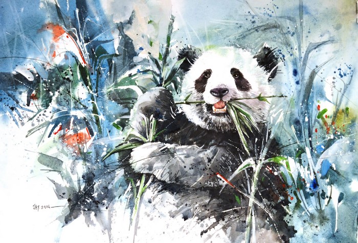Panda eating bamboo in a watercolor painting