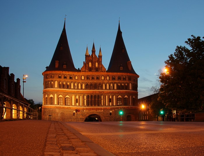Holstentor Gate in Lubeck, Germany at Night