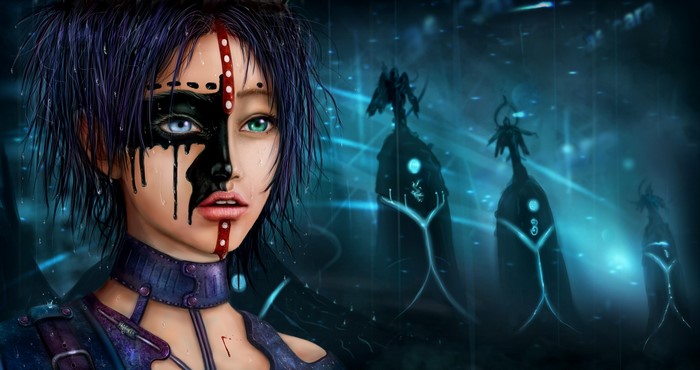 Woman with face paint and futuristic structures