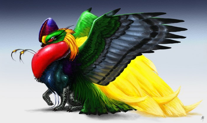 Fantasy creature with colorful plumage and wings