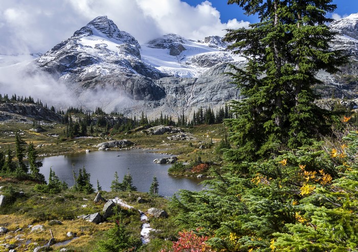 Snow-capped mountains and lake with spruce trees