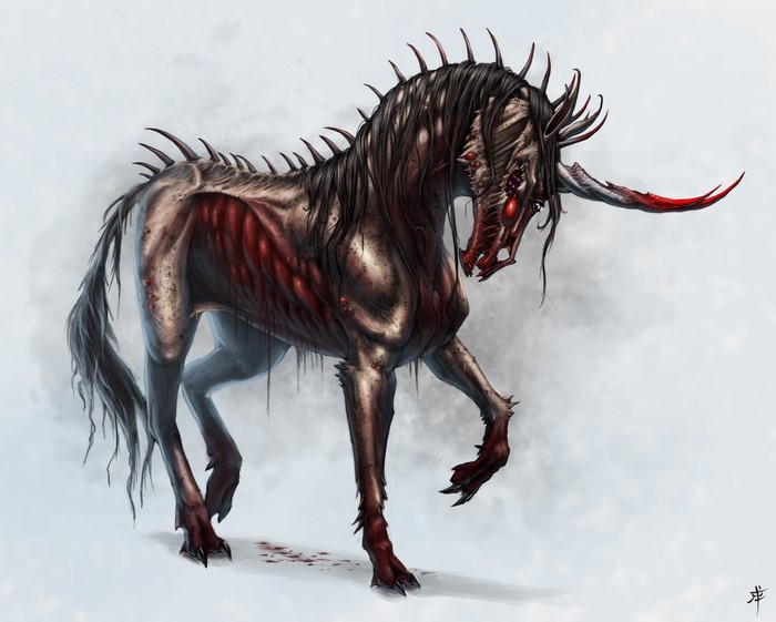 Undead Unicorn with exposed ribs and bloody horn