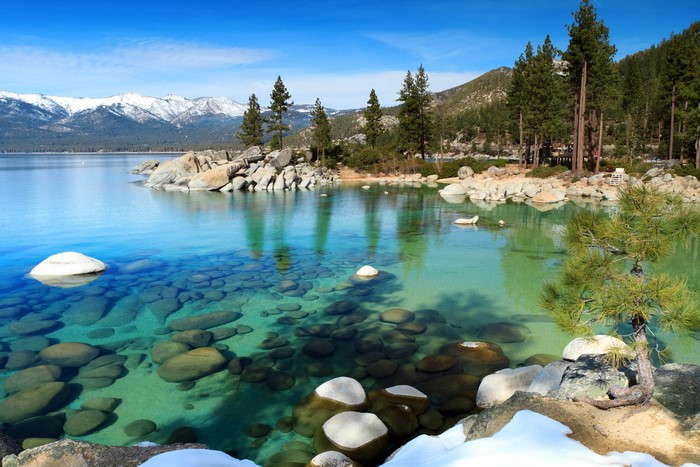 Lake Tahoe with Snow-Capped Mountains and Clear Water