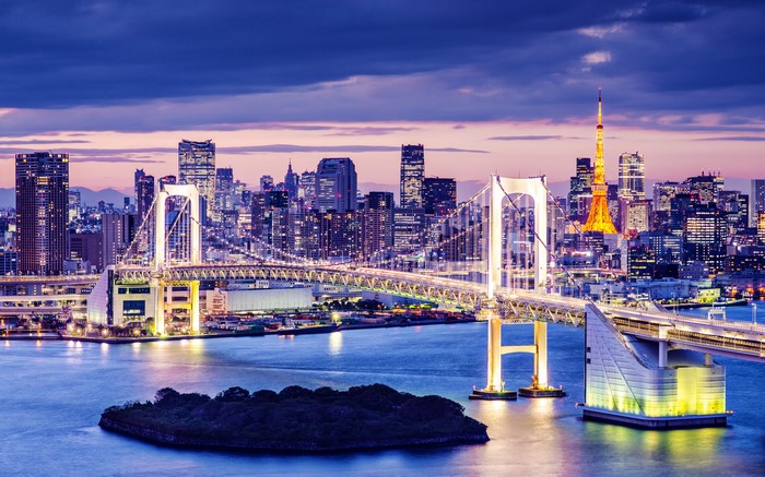 Tokyo skyline with Rainbow Bridge and Tokyo Tower at night