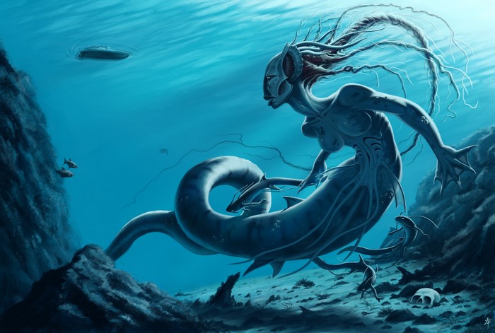 Mermaid creature with serpentine tail in underwater world