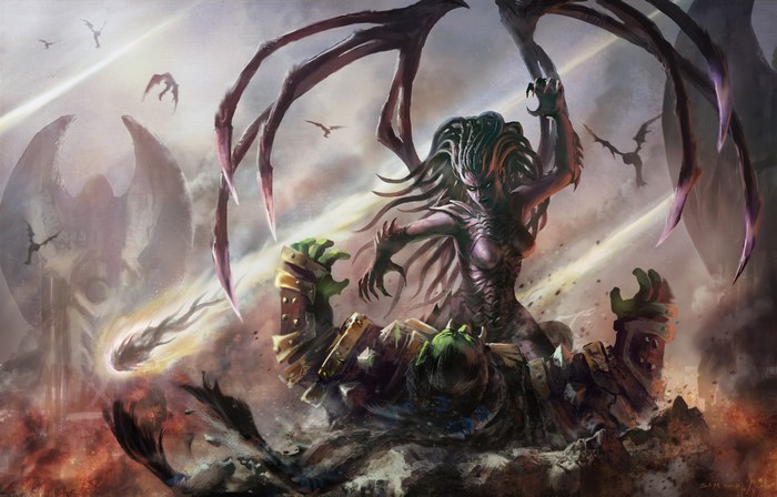 Kerrigan from StarCraft defeating Thrall from Warcraft