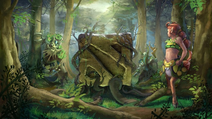 Enchantress and forest spirits in a mystical forest