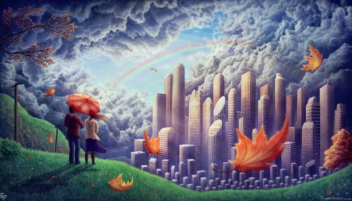 Couple with Umbrella under Rainbow and Cityscape