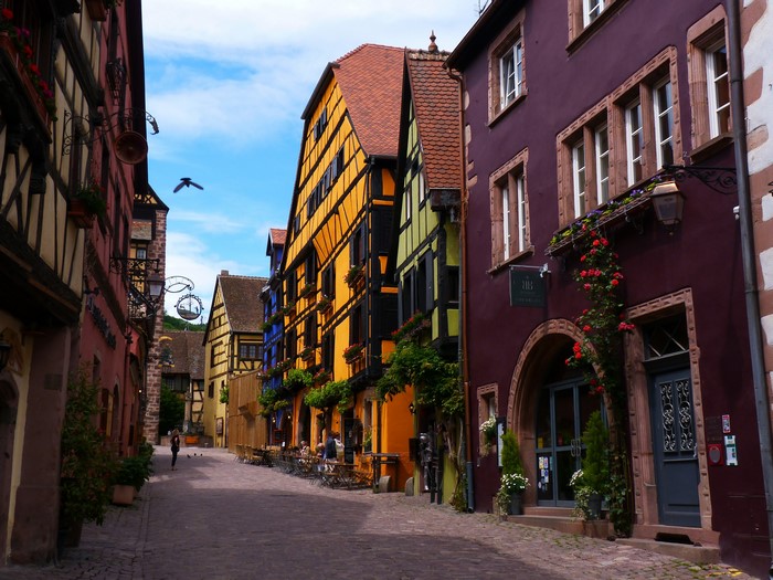 Street in Riquewihr, France with colorful houses