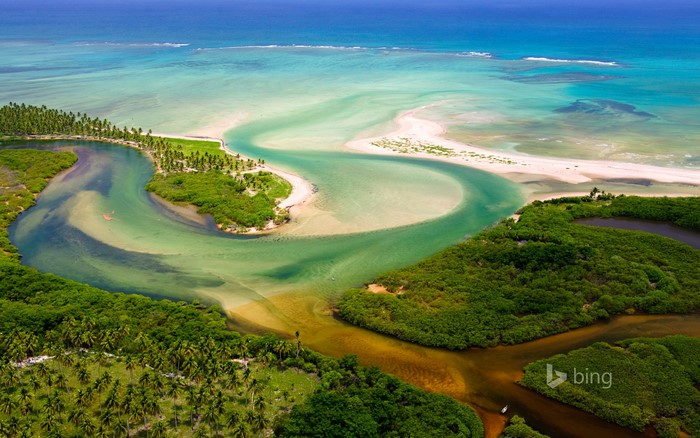 Aerial view of Tatuamunha river meeting the sea in Brazil