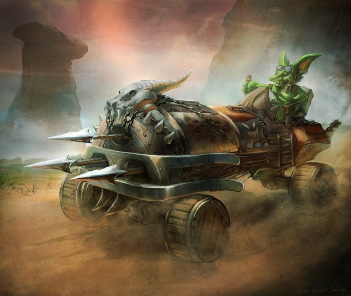 Goblin driving a spiked war machine in a dusty landscape