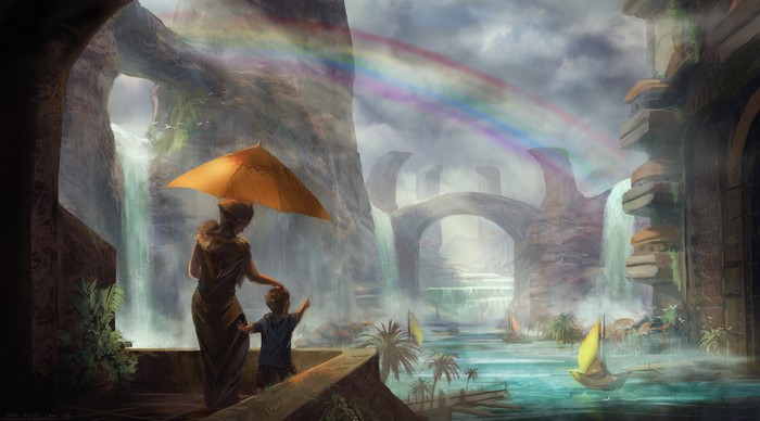 Mother and child under umbrella with rainbow and waterfalls