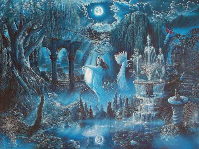 Fantasy world at night with fountains and moon