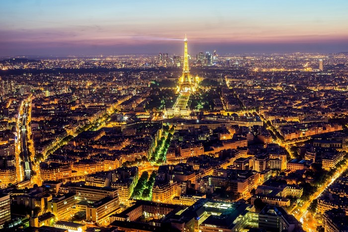 Eiffel Tower and Paris cityscape at dusk from above