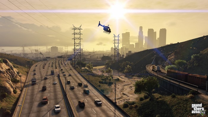 Grand Theft Auto V: Helicopter over highway with city skyline