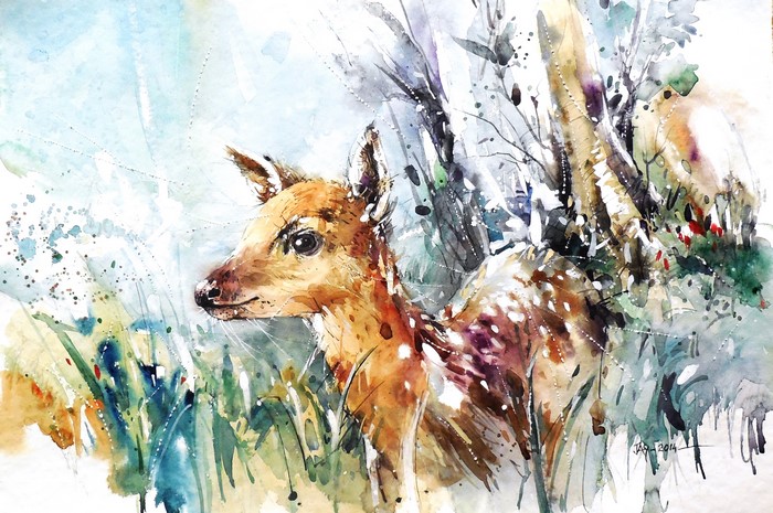 Watercolor painting of a fawn in a forest