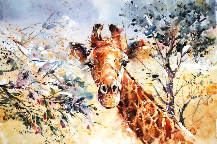 Watercolor painting of a giraffe in nature