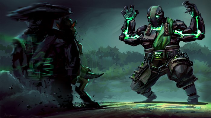 Earth Spirit from DOTA 2 fighting a shadowy creature