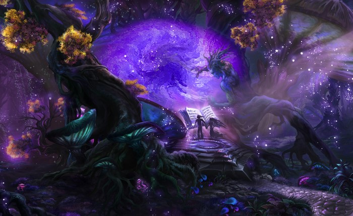 Fantasy forest with glowing portal and figures reading a book