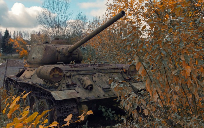 Abandoned T-34 tank in autumn foliage