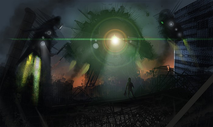 Giant robot eye over destroyed city with a boy
