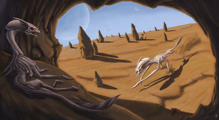 Two alien creatures in a cave on an alien planet
