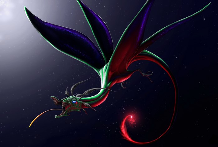 A colorful dragon with large wings in the night sky