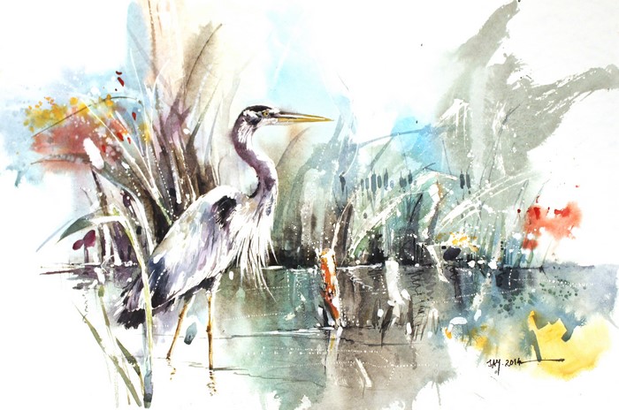 Watercolor painting of a heron in reeds