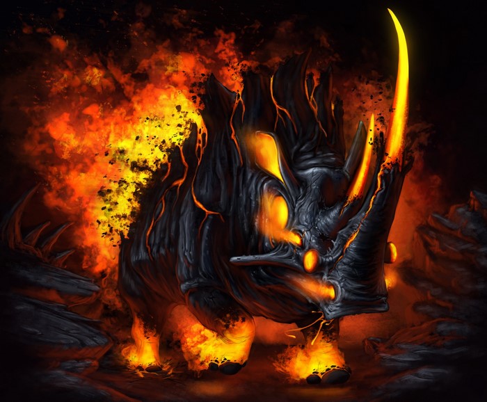 Fire Rhino Monster with Glowing Horns