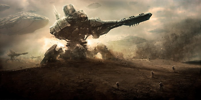 Giant Mech and UFOs in a Desert Battlefield