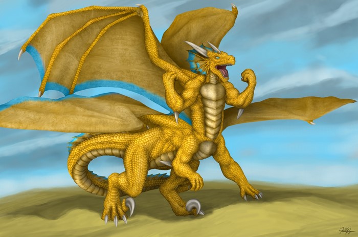 Golden Dragon with Blue Wing Accents
