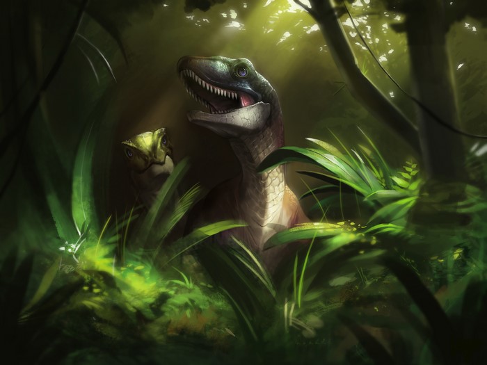 Two Velociraptors in a Forest