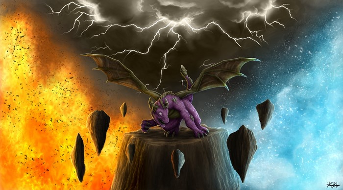 Dragon amidst fire, ice, and lightning storm