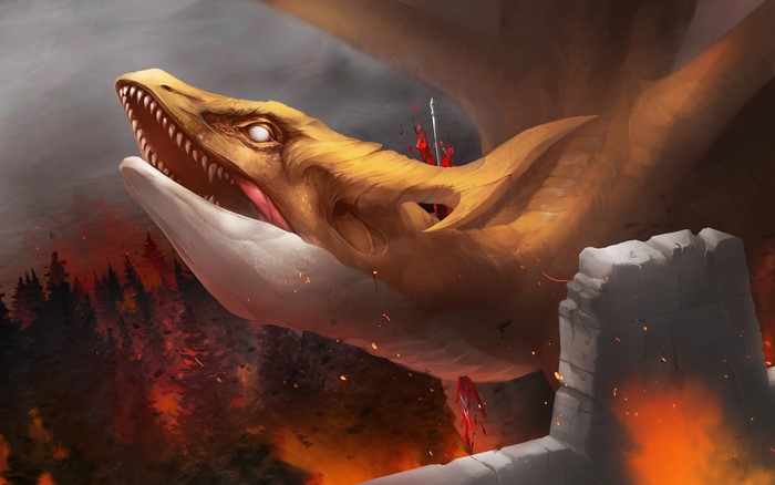 Dragon attacking a castle with a forest fire