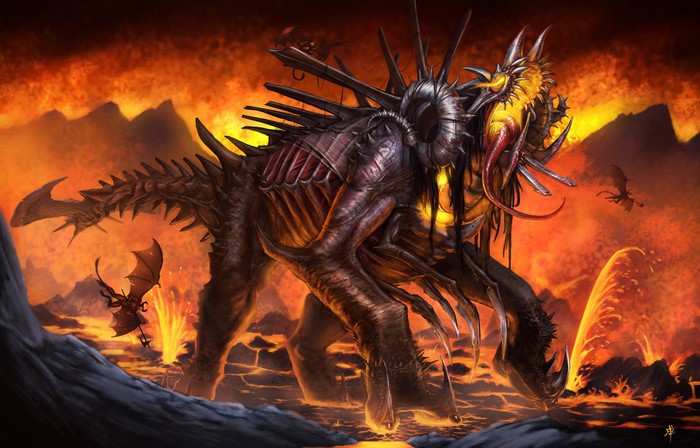 Monster in a fiery volcanic landscape with flying creatures