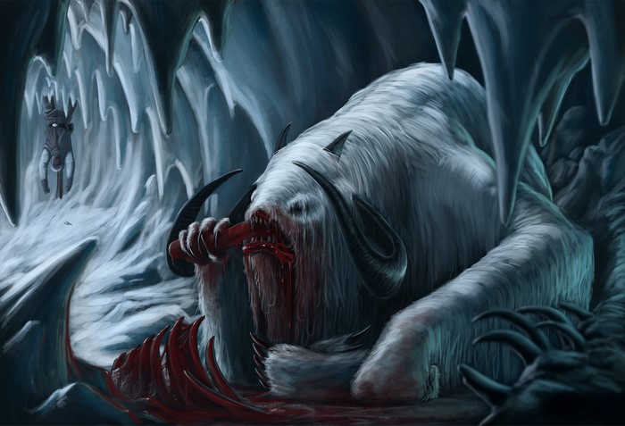 Tauntaun eating in an ice cave