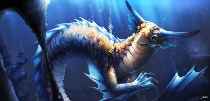 Dragon and diver in underwater world
